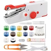 Handheld Sewing Machine, Mini Stitcher for Quick Repairs, White Red | USB or AA powered mini sewing machine with sewing kit, single-thread straight stitch, for repairs, hemming, and touch-ups