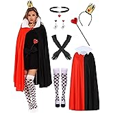 POEWAUVE Halloween Queen Costume Set Include Black Red Cape Black Gloves Queen Crown Wand Stockings Earrings and Red Heart Necklace for Women Halloween Costume Fancy Dress Up