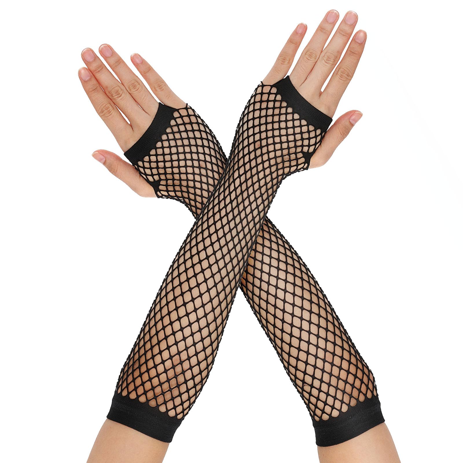 Photo 1 of Telooco Fishnet Long Gloves Fingerless Mesh Gloves Fish Net Arm Sleeves 80s Party Cosplay Costume Accessories for Women Girls(Black)
