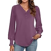 WEACZZY Womens Tops Long Sleeve Fall Shirts for Women Dressy Casual Button V Neck Tunic Blouse Ruffle Cuffs T-Shirts 2025