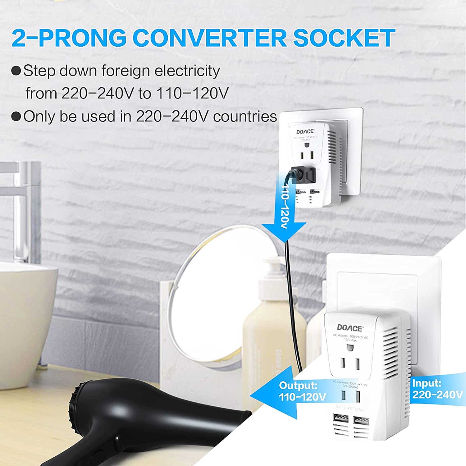 Upgraded 2000W 220V to 110V Converter for European Travel, Voltage Converter US to Europe for Hair Dryer Straightener Curling Iron, 2300W Adapter with EU/UK/AU/US Plugs for Laptop Camera Cell Phone