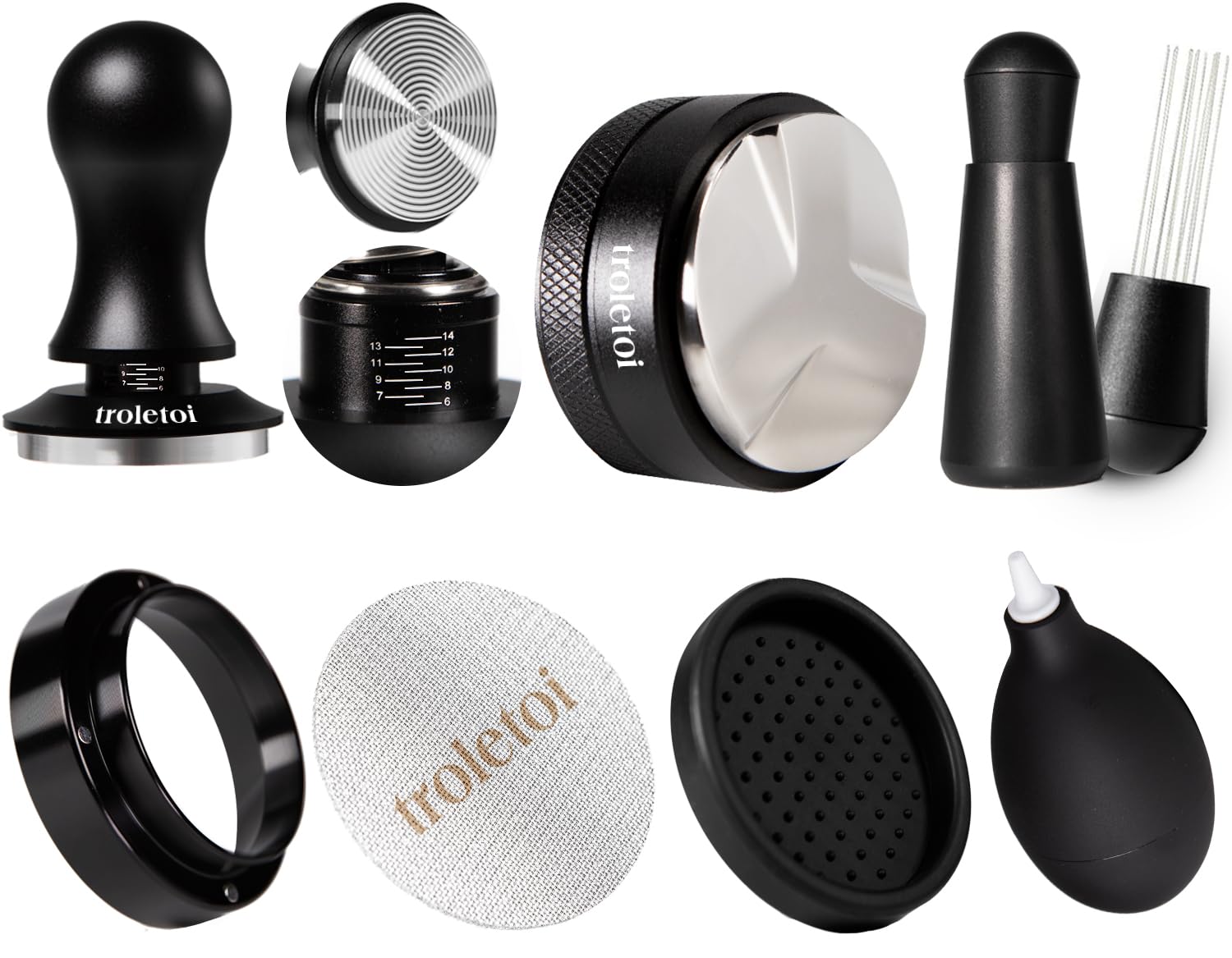 Photo 1 of troletoi 7 PCS Espresso Accessories Kit: 51mm Espresso Tamper, Coffee Distributor, Puck Screen, Dosing Funnel and WDT Tool, Premium Espresso Tool Set Fits Delonghi 51mm Machines and Portafilter