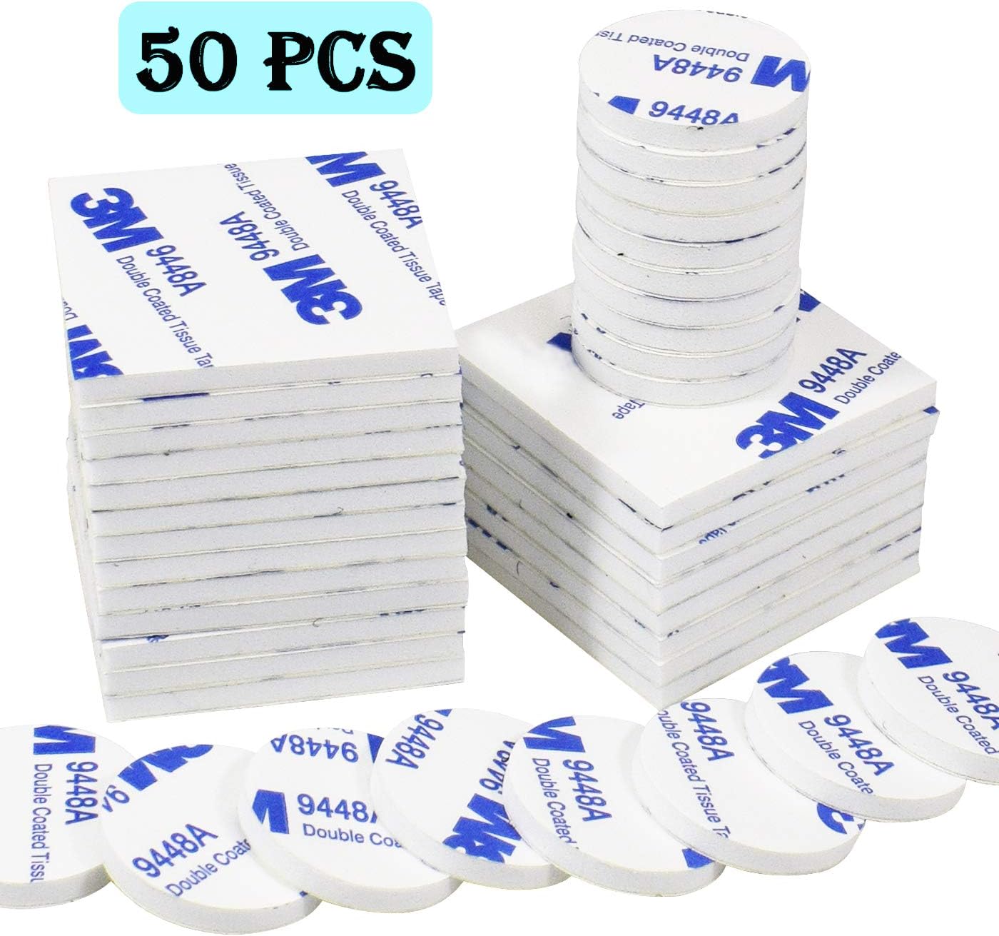 Aurorali 50 Pcs Double Sided Sticky Pads, Self Adhesive Foam Pads for Walls Floor, Door, Plastics, Glasses and Metals (White)