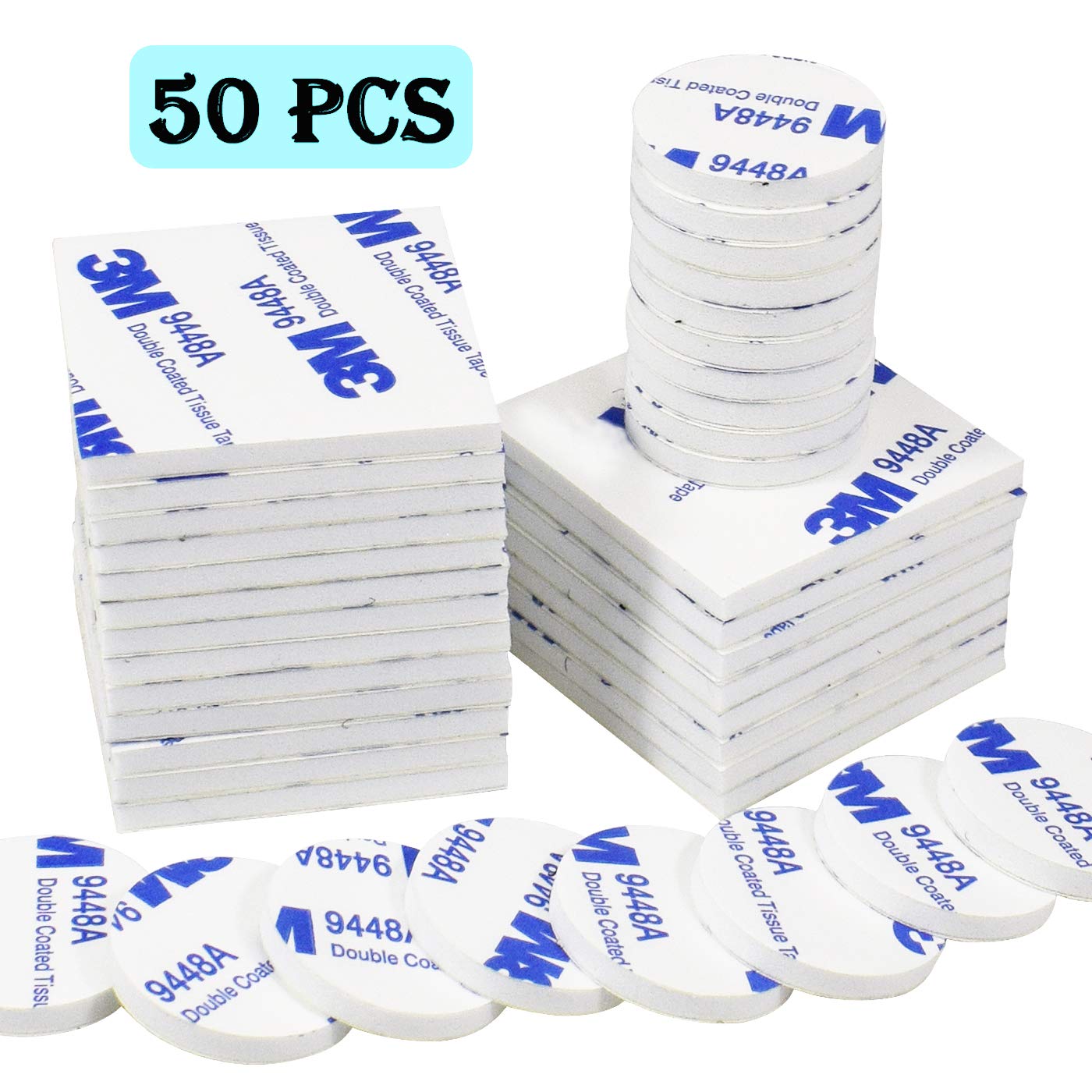Aurorali 50 Pcs Double Sided Sticky Pads, Self Adhesive Foam Pads for Walls, Floor, Door, Plastics, Glasses and Metals (White)