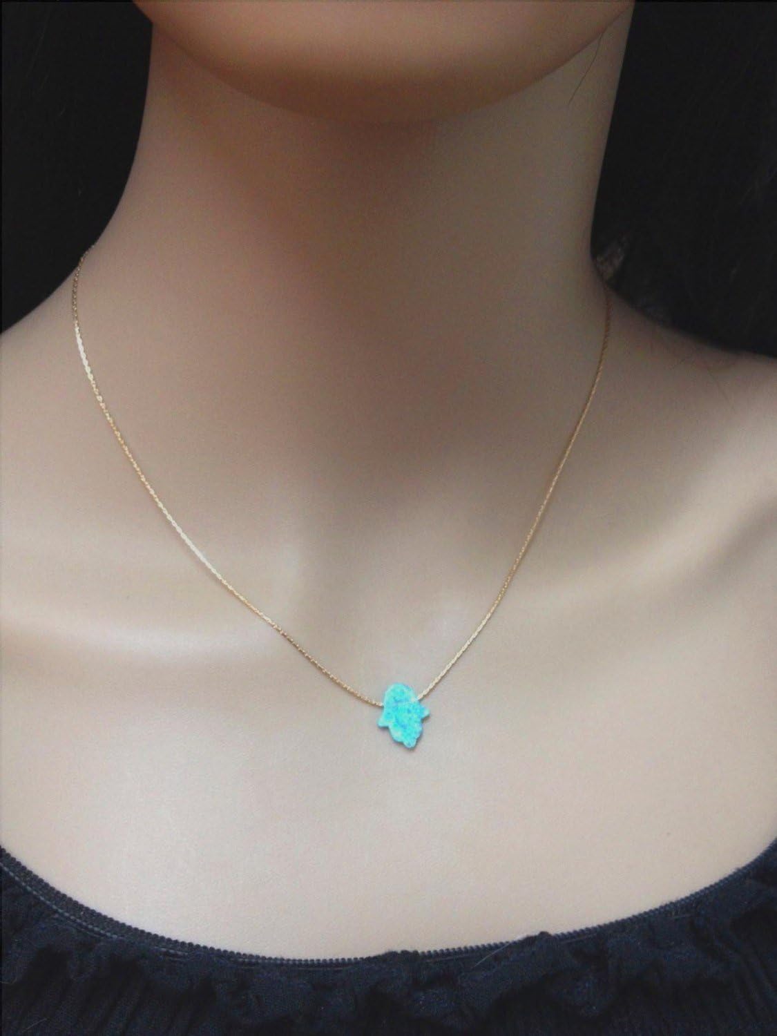 Blue Opal Hamsa Necklace on 14k Gold Filled Chain, Created Gemstone