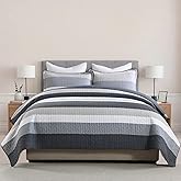 DUOHONG 100% Cotton Quilt Set King Size, King Quilt Bedding Set, Striped Pattern Quilt Bedspread for King Bed, Modern Minimalist Bed Spread Lightweight Comforter, 3Pcs, Charcoal-Blue/Gray/White