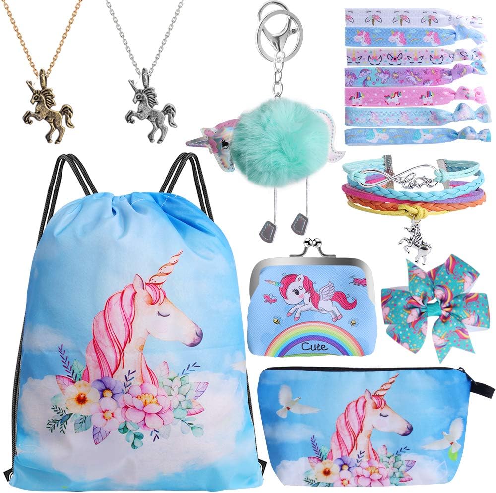 9PCS Drawstring Bag for Unicorn Gift for Girl Include Bracelet Necklace Hair Tie