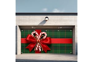 IVN Christmas Garage Door Banner 6x13 Ft Plaid Gift Wrap With Red Bow And Candy Canes Backdrop Garage Door Covers Decorative Holiday Christmas Garage Door Cover Mural Winter Scene Photo Backdrop