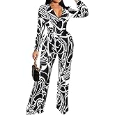 Xinlees Elegant Jumpsuits For Womens Casual Turtleneck Long Sleeve Stripes Stretchable Bandage Wide Leg Long Pants Rompers