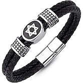 555Jewelry Stainless Steel Star of David Braided Leather Hypoallergenic Bracelet for Men, Size 8 & 9 Inch