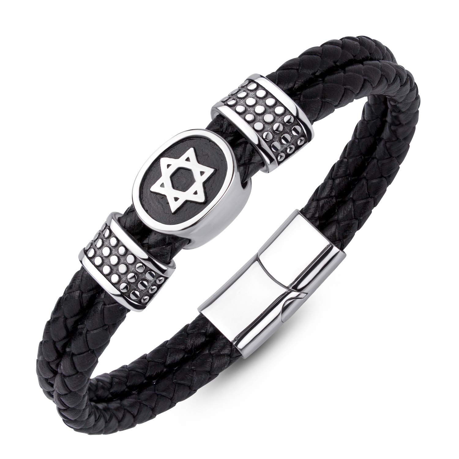 555Jewelry Stainless Steel & Braided Leather Star of David Bracelet for Men and Gents, Jewelry Star of David, Mens Bracelet Jewish, Leather Bracelet for Men, 8.25 Inch, Silver