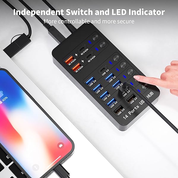 ZEROFFI POWERED USB HUB, 14 PORTS USB SPLITTER HUB (10 FASTER DATA TRANSFER PORTS+ 4 SMART USB CHARGING PORT) USB HUB WITH LED INDIVIDUAL ON/OFF SWITCHES FOR PC, LAPTOP, DESKTOP