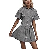 calbatic Women Button Down Pleated Shirt Dress Striped Short Sleeve Summer Casual Business Flowy Mini Short Dress