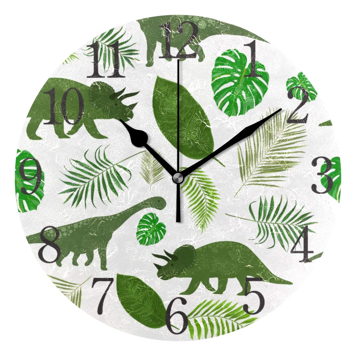 ISAOA Modern Wall Clock 24cm Funny Dinosaurs with Leaves Silent Non-ticking Round Desk Clock for Bedroom Kids Living Room Kitchen