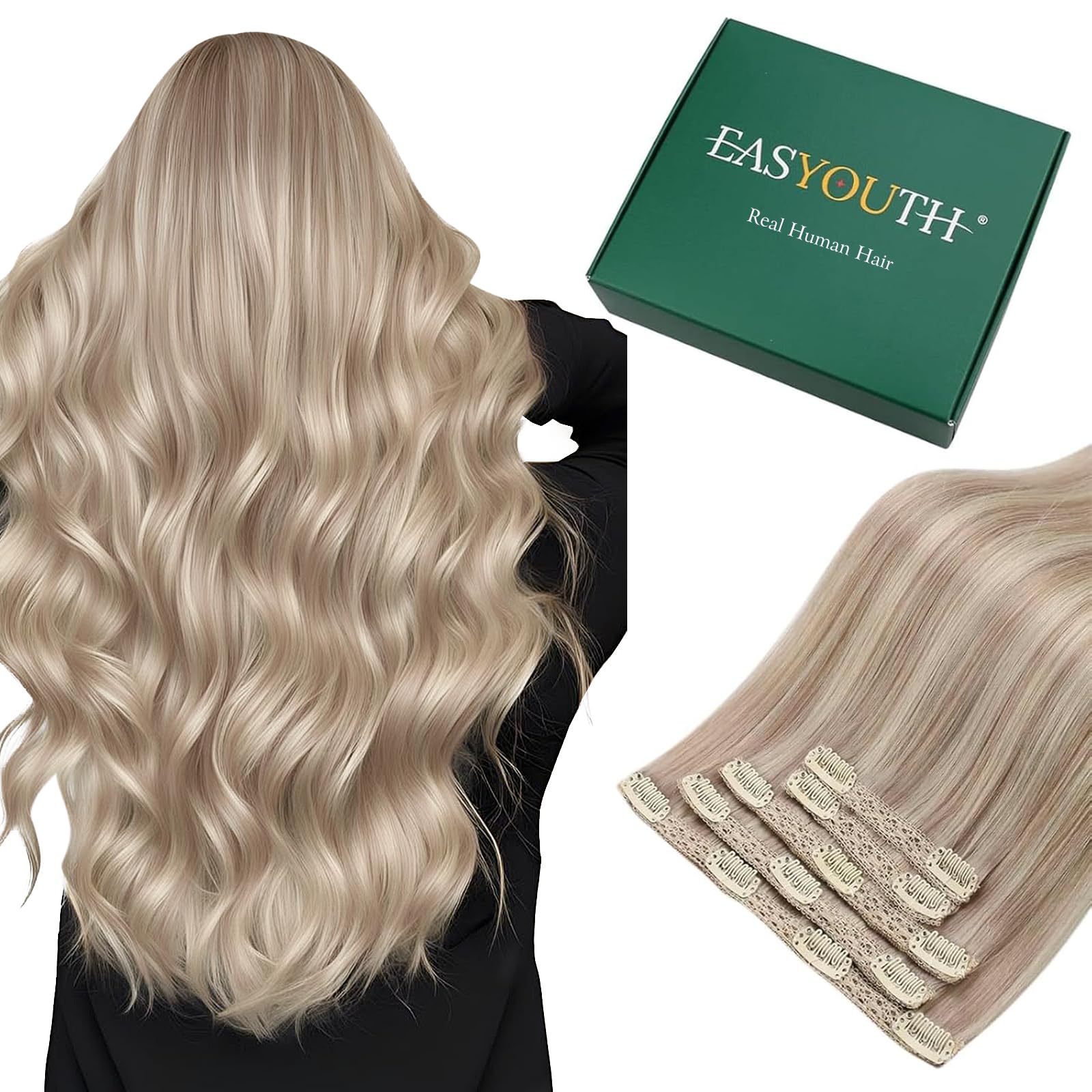 Easyouth Clip in Hair Extensions Human Hair Blond Clip ins Human Hair Extension 20Inch Ash Blonde Highlights Bleach Blonde Remy Hair Extension Clips on for Women 70G 5Pcs #18P613