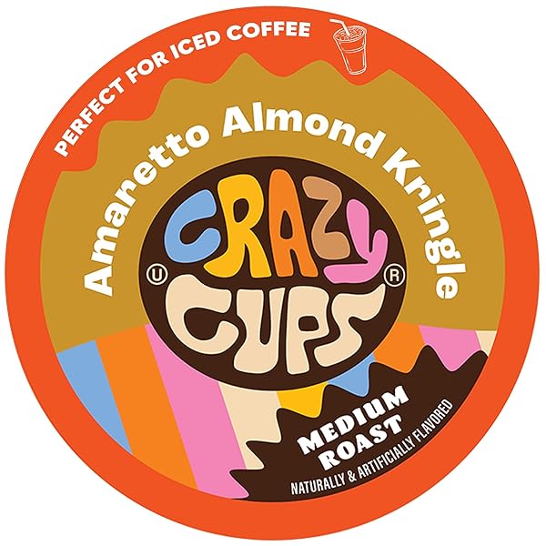 CRAZY CUPS AMARETTO COFFEE PODS, AMARETTO ALMOND KRINGLE FOR K CUP KEURIG MACHINES, BREW HOT OR ICED, 22 COUNT