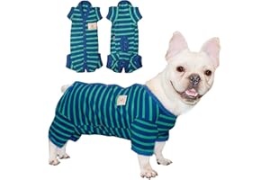 TONY HOBY Dog Pajamas for Female/Male, Dog Jumpsuit with Stripes for Small Medium Dog, Soft and Comfortable 4 Legged Pajamas Dog Clothes (Blue&Green, Boy, M)