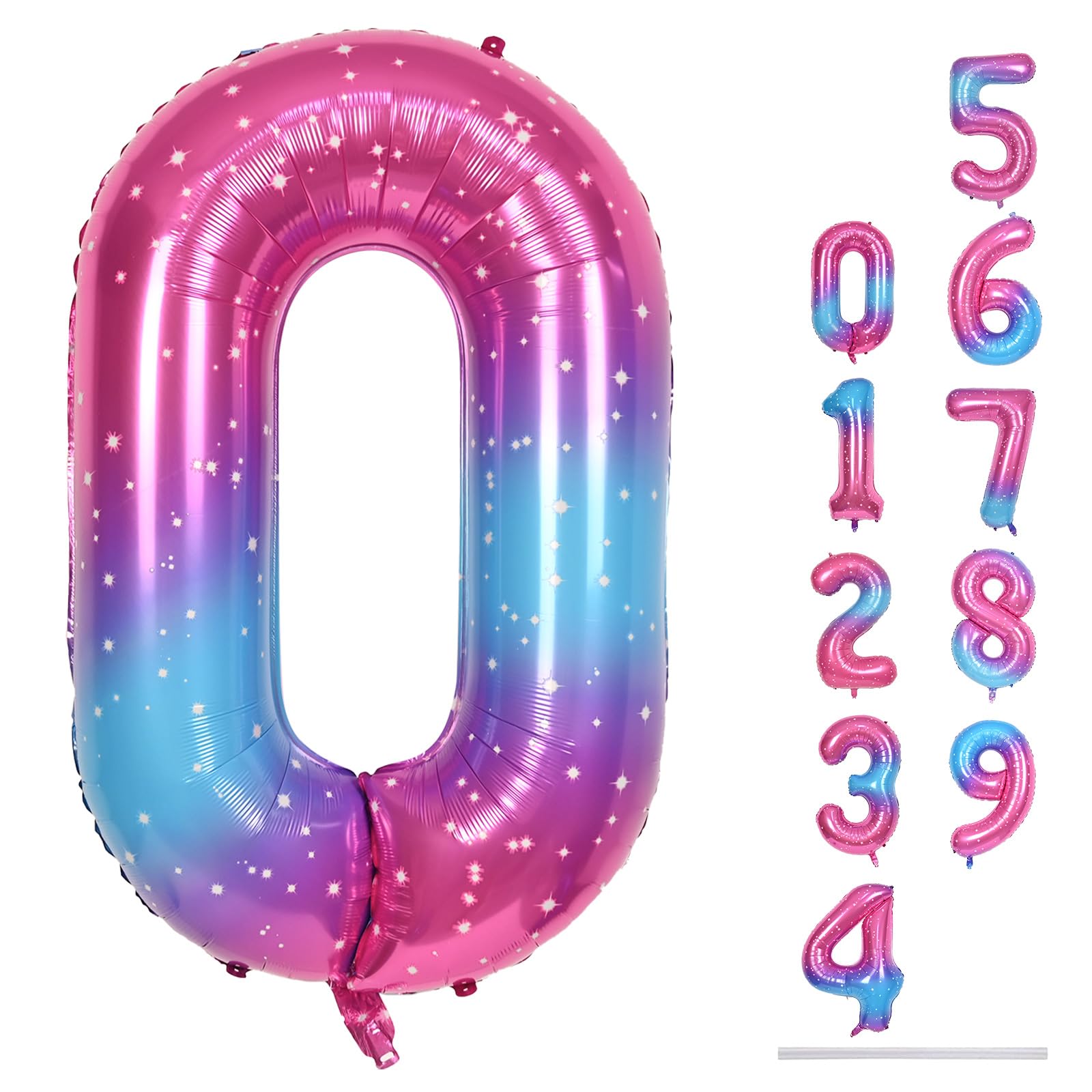 Photo 1 of 40 In Rianbow Large Numbers Balloons 0-9, Self Inflating Gradient Blue Pink Foil Number 0 Helium Balloons for Girls, Starry Digit 0 Balloons for Women Birthday Party Anniversary Supplies Decorations