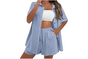 Two Piece Sets for Women Summer Cotton Linen Lounge Sets Short Sleeve Button Up Shirts and Drawstring Shorts Matching Set
