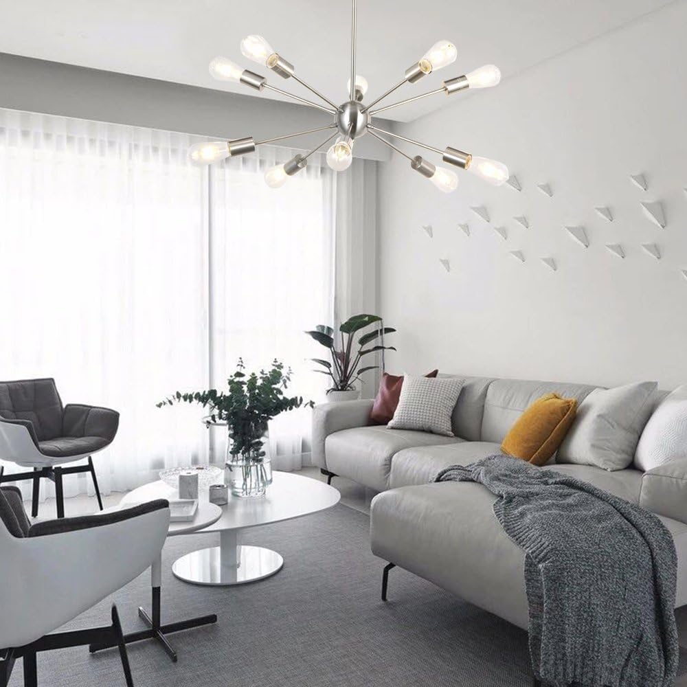 BONLICHT Sputnik Chandelier Lighting 10 Light Chandelier Modern Starburst Chandelier Mid Century Pendant Lighting Brushed Nickel Ceiling Light Fixture for Kitchen Dining Room Living Room Foyer - - 
