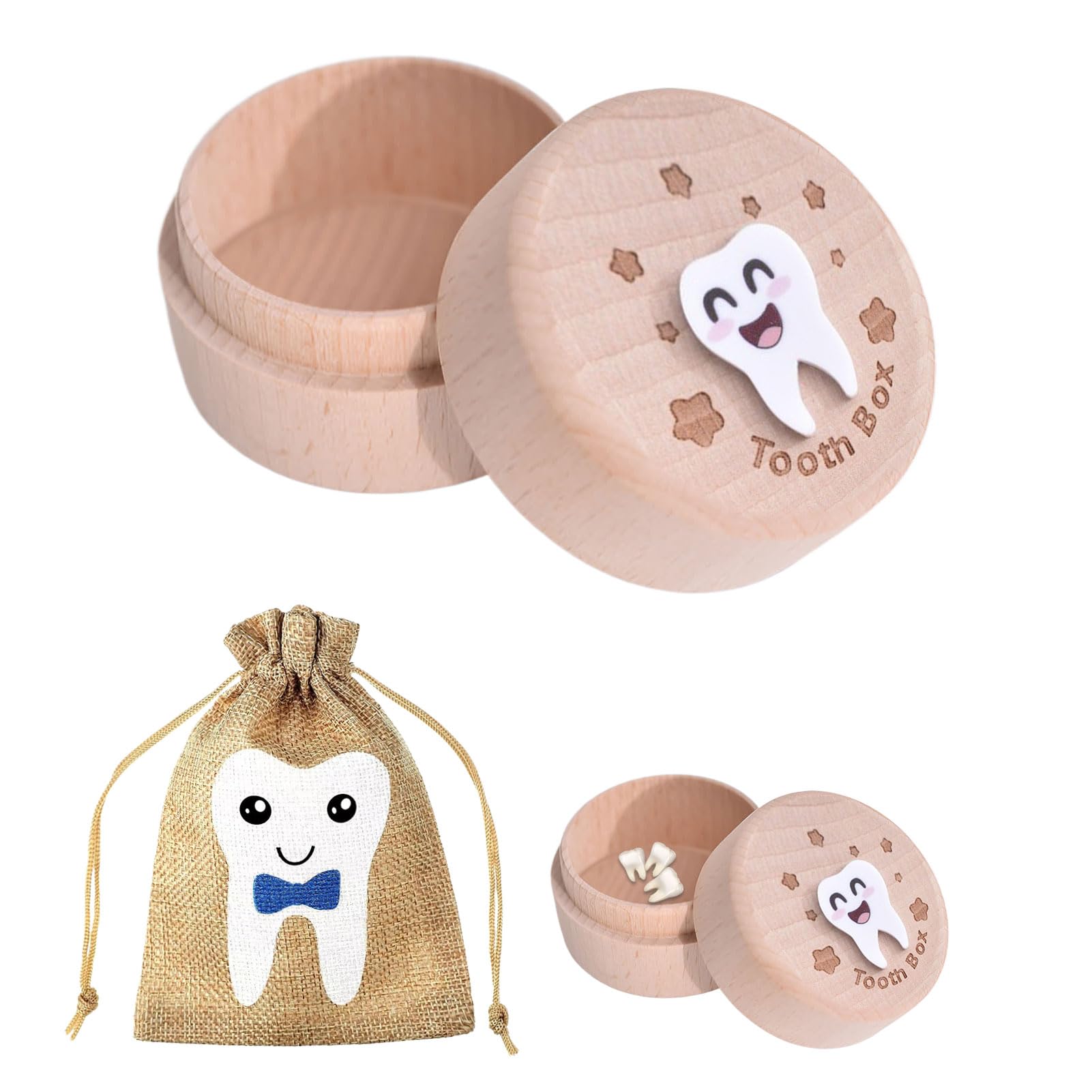 Tooth Fairy Box, 1 pcs Tooth Box with 1 pcs Fairy Bag, 3D Carved Wooden Teeth Keepsake, Teeth Pouch Holder for Boy, for Kids with Storage Bag Gift