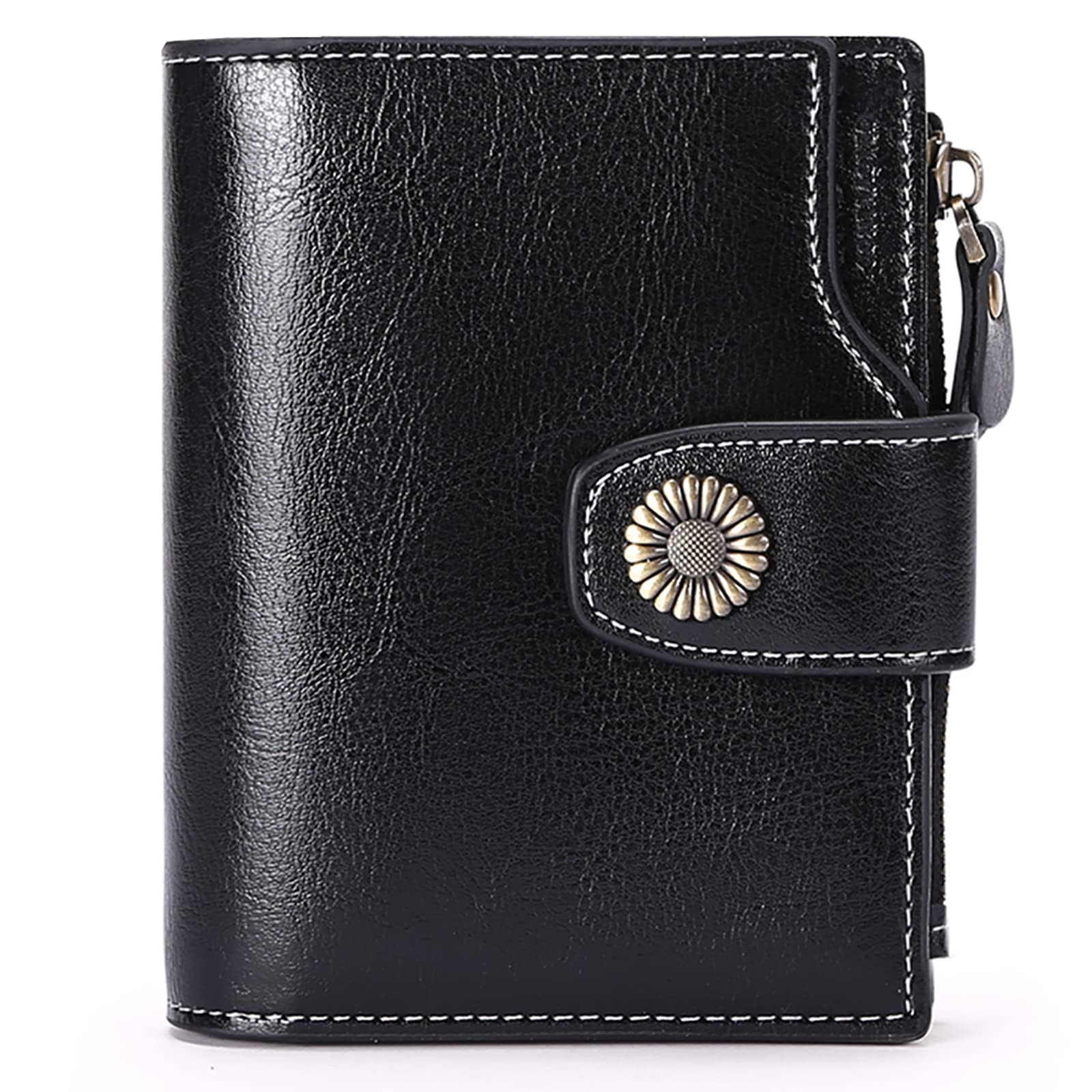 SENDEFN Small Women Wallet Genuine Leather RFID Blocking Bifold Small Purse with Zipper Pocket Black