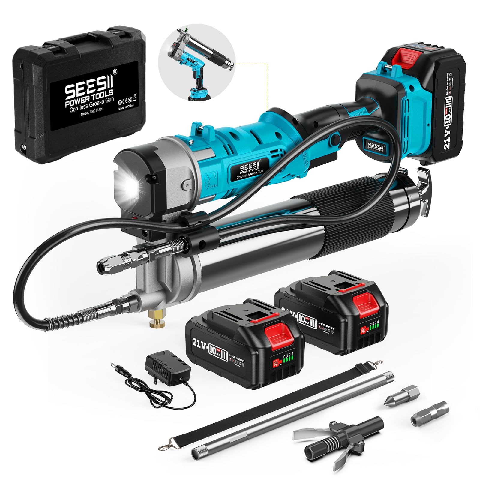 Photo 1 of Seesii Innovative 2-in-1 Grease Gun: High-Efficiency 5.3 oz/min 12,000 PSI Electric Grease Gun Kit with 2 * 2.0AH Batteries and Charger, Easy-to-Use for Farmers, Equipment Operators & Owners