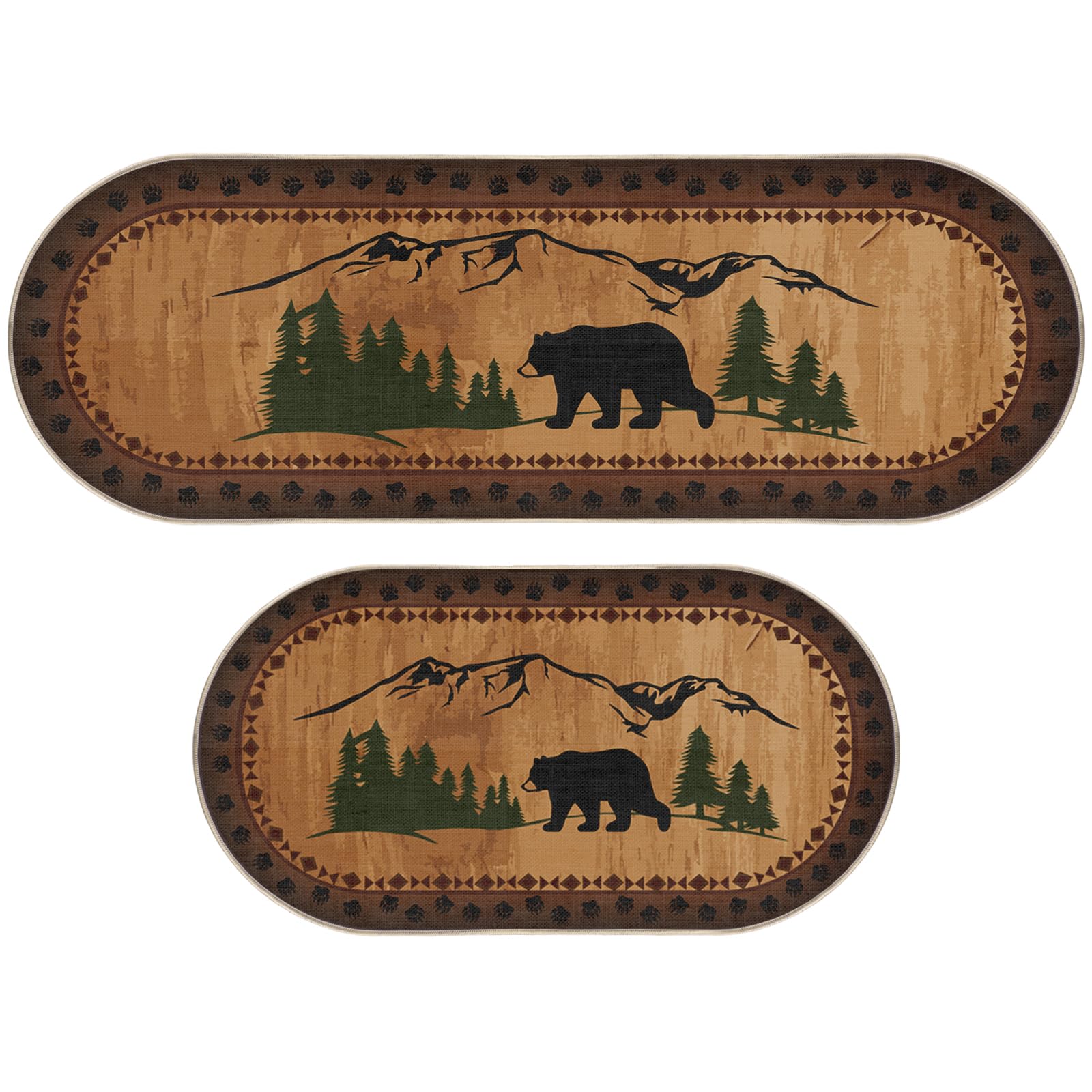 Photo 1 of 2 Pcs Bear Non Skid Rug Rustic Lodge Theme Area Rug with Bear and Cub Scene Cabin Rug Bear Farmhouse Rug Winter Kitchen Cabin Rug Christmas Bear Decor for Home Bathroom Bedroom Living Room