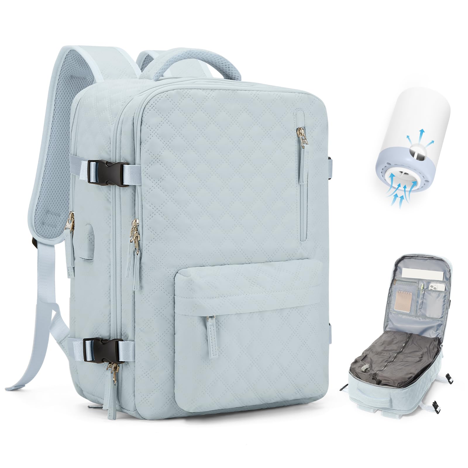 Photo 1 of Vacuum Travel Backpack with Pump for Women,Personal Item Carry on Backpacks Flight Approved 18x14x8 inches for Men,Laptop Waterproof Work Compression bags Casual Daypack Blue.