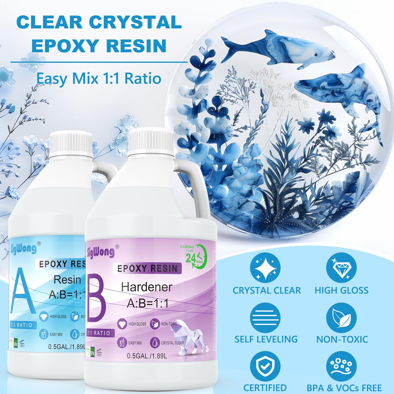 Epoxy Resin - 1 Gallon Crystal Clear Coating Kit, Not Yellowing No Bubble Easy Mix 1:1 Ratio, 2 Part Casting Resin for Art, Craft, Jewelry Making, River Tables, with Gold Foil Flakes, Glitter Flakes
