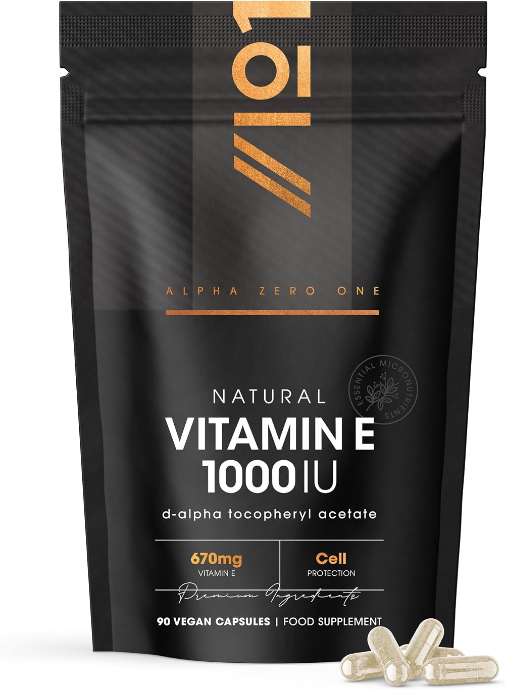 Alpha01 Vitamin E 1000IU D-Alpha Tocopherol 90 Capsules Vegan