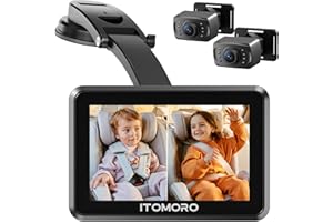Itomoro Rear Facing Mirrors, Baby Car Camera for 2 Kids, 5" IPS Display with 2 Cameras, Backseat Dual Car Camera Baby Monitor with Split Screen, Infrared Night Vision, HD 1080P, Easy to Install