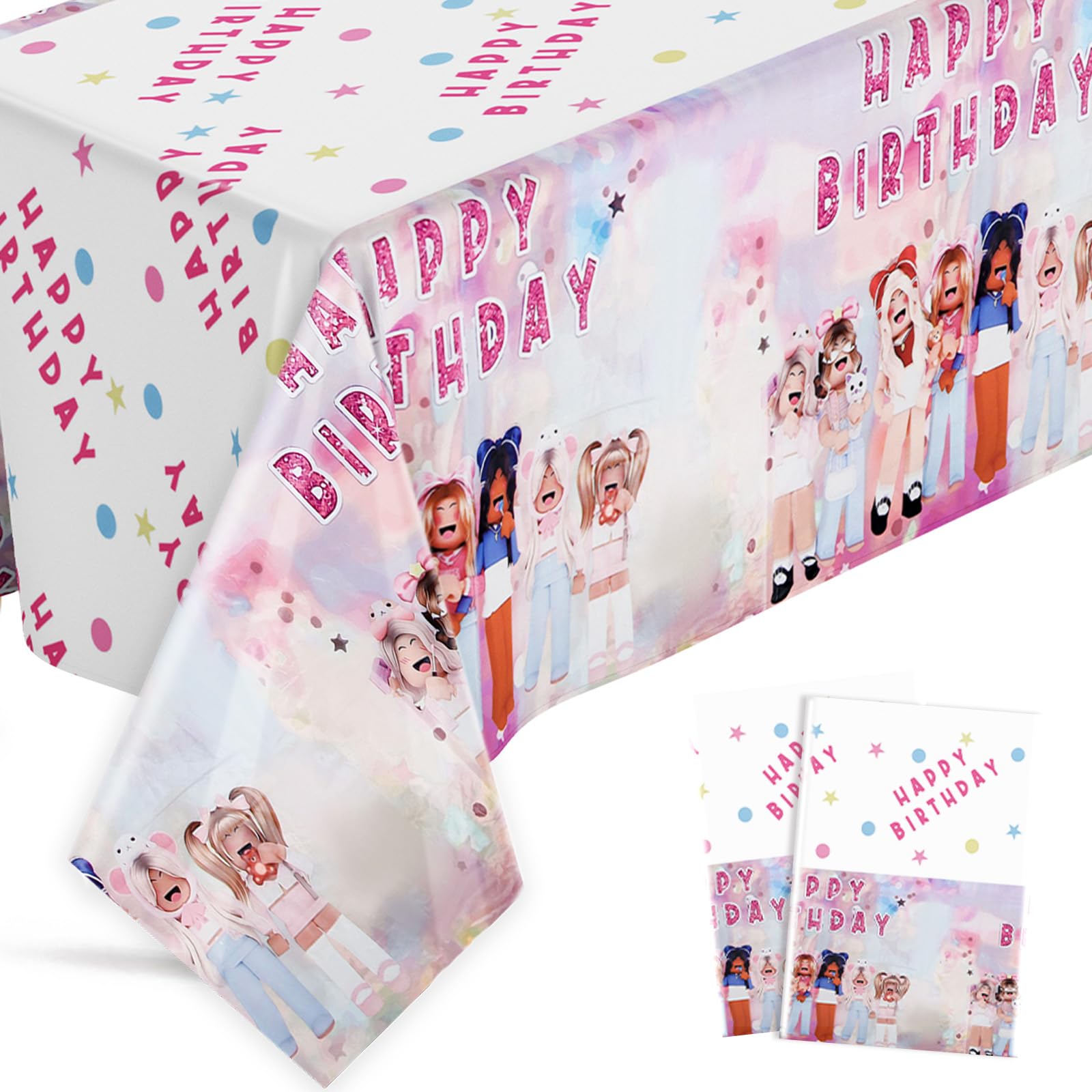 Ainvliya 2Pcs Party Tablecloths 108x180cm, Happy Birthday Party Disposable Tablecloth Dining Table Cover Decorations Rectangle Plastic Table Cloth for Girls Boys Baby Shower Wedding Picnics Supplies