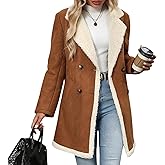 chouyatou Women's Winter Notch Lapel Double Breasted Peacoat Sherpa Fleece Lined Faux Suede Jacket Coat