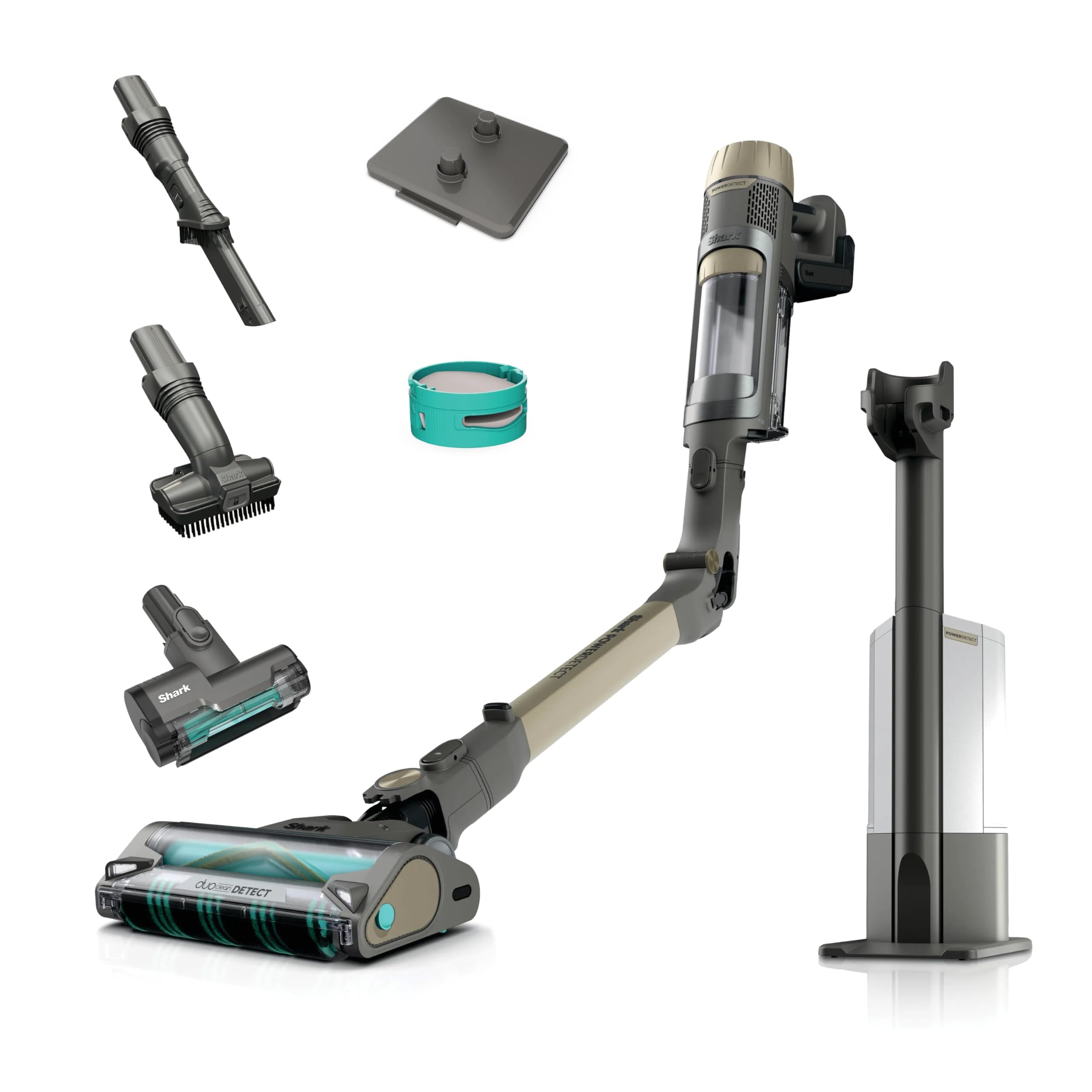 Shark PowerDetect Clean & Empty Akku-Staubsauger mit Absaugstation, bis 70 Min. Laufzeit, kabellos, selbstentleerend, für Tierhaare, Allergiker, Teppich und Hartböden, mit LED-Licht, Gold, IP3253EUT