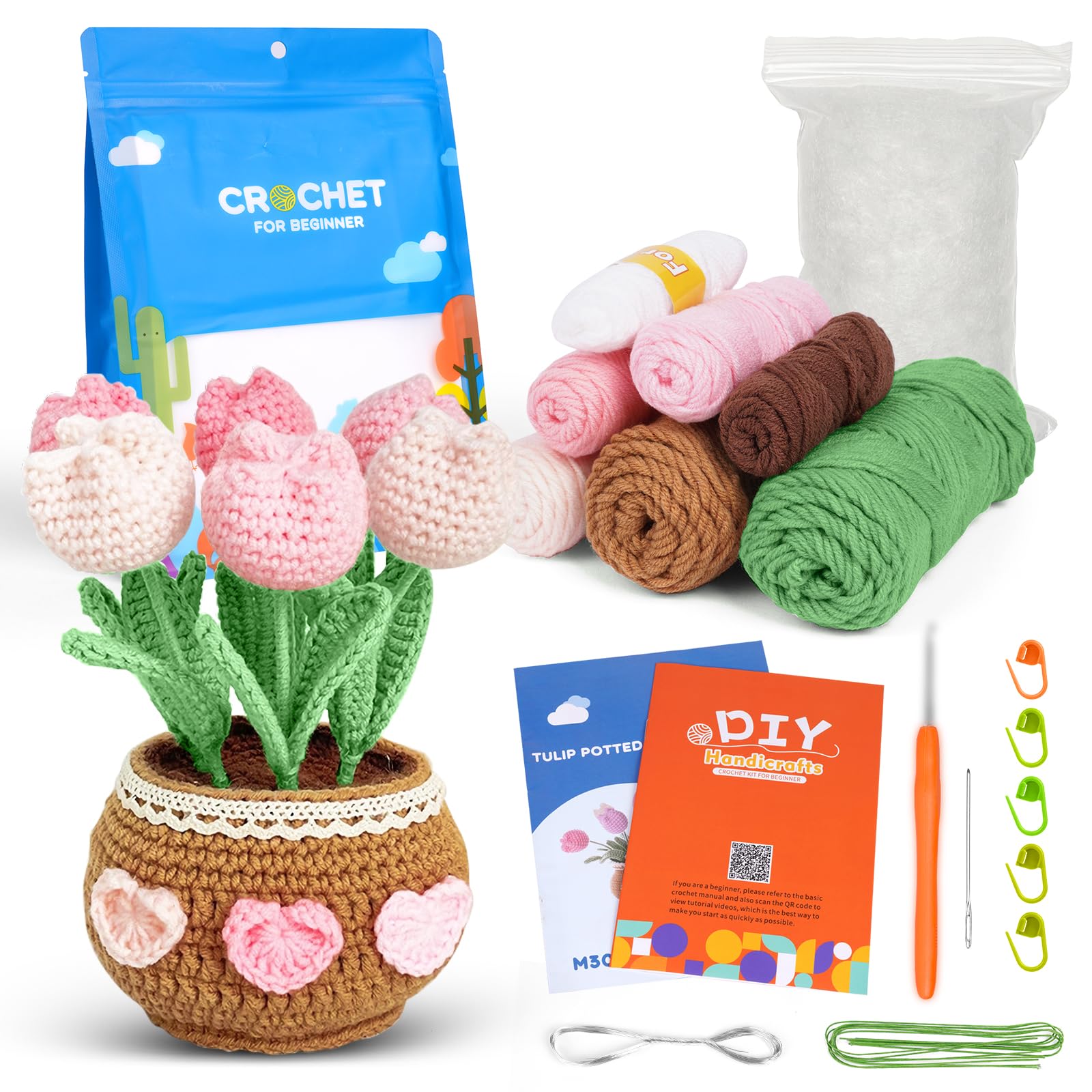 AUAUY Tulip Style Beginner Crochet Kit, Crochet Tulip Kit for Beginners, Yarn, Stuffing, Crochet Hook for Kids and Adults, Crochet Kit with Step-by-Step Video Tutorials, Boys and Girls Birthdays Gift