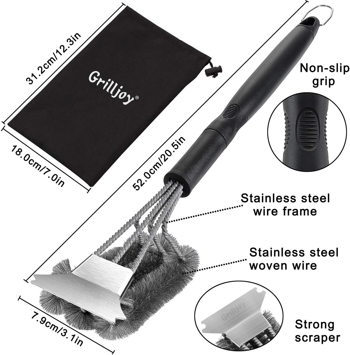 grilljoy 4PC Heavy Duty Safe BBQ Cleaner - Bristle Free& Wire Bristle Grill Brush Head with Scraper in Carrying Bag - Exclusive Barbecue Grill Brushes Set for All Grates - Universal Grill Tools Set: Home & Kitchen