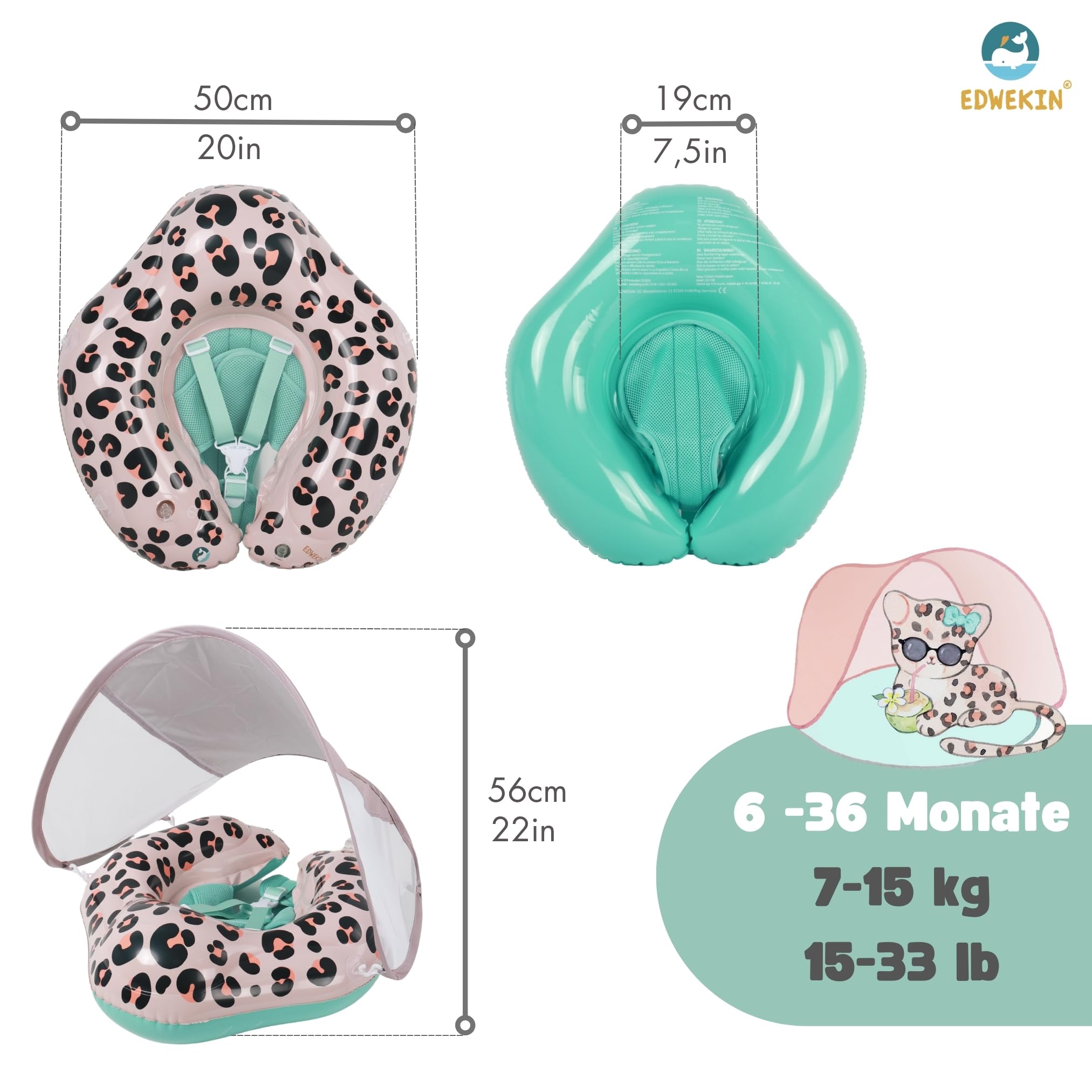EDWEKIN® Baby Schwimmring 2026 mit Eltern-Zugleine – Mehr Sicherheit & Wasserspaß | TÜV geprüft | Premium Baby Float mit UPF50+ Sonnendach, Netzstoffgurt & Leo-Optik | 6–36M | Mitwachsend 5