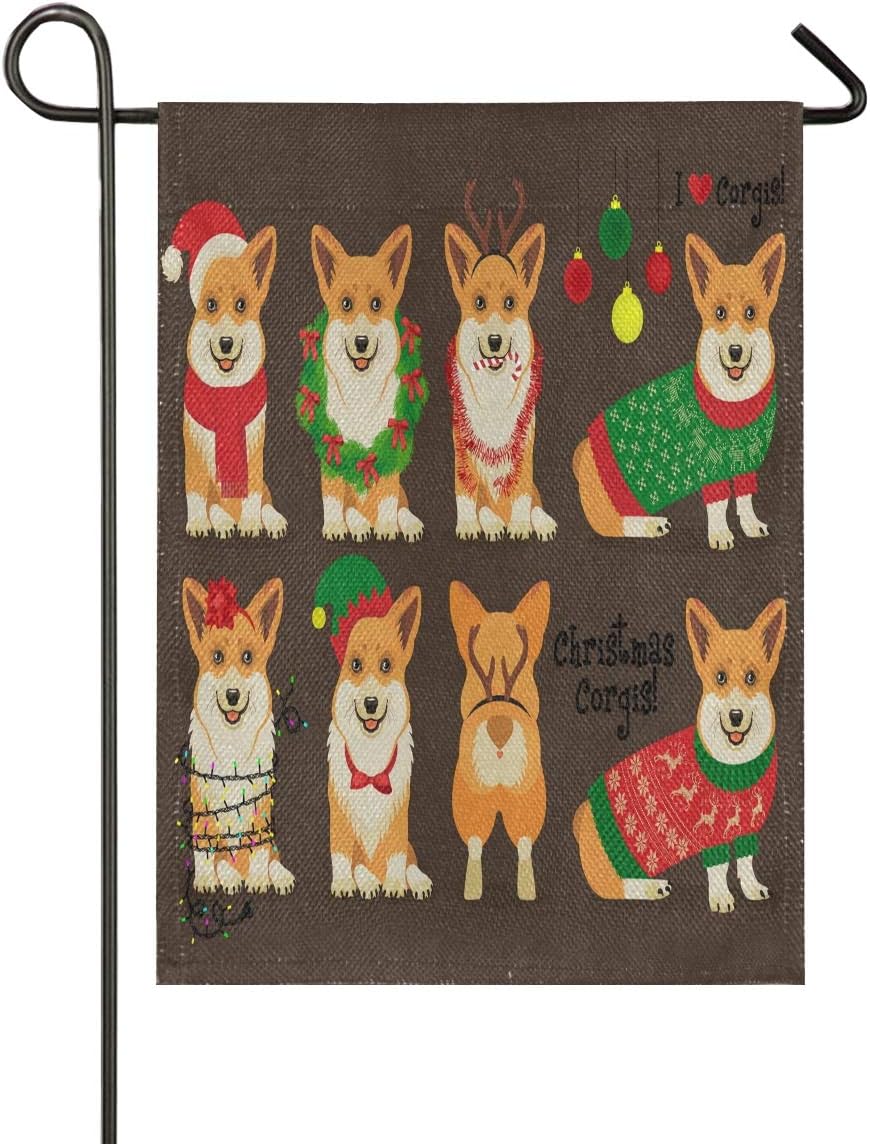 ALAZA Corgi Puppy Dogs Christmas Burlap Garden Flag Double Sided,House Yard Flags,Holiday Seasonal Outdoor Decorative Flag 12x18 Gift