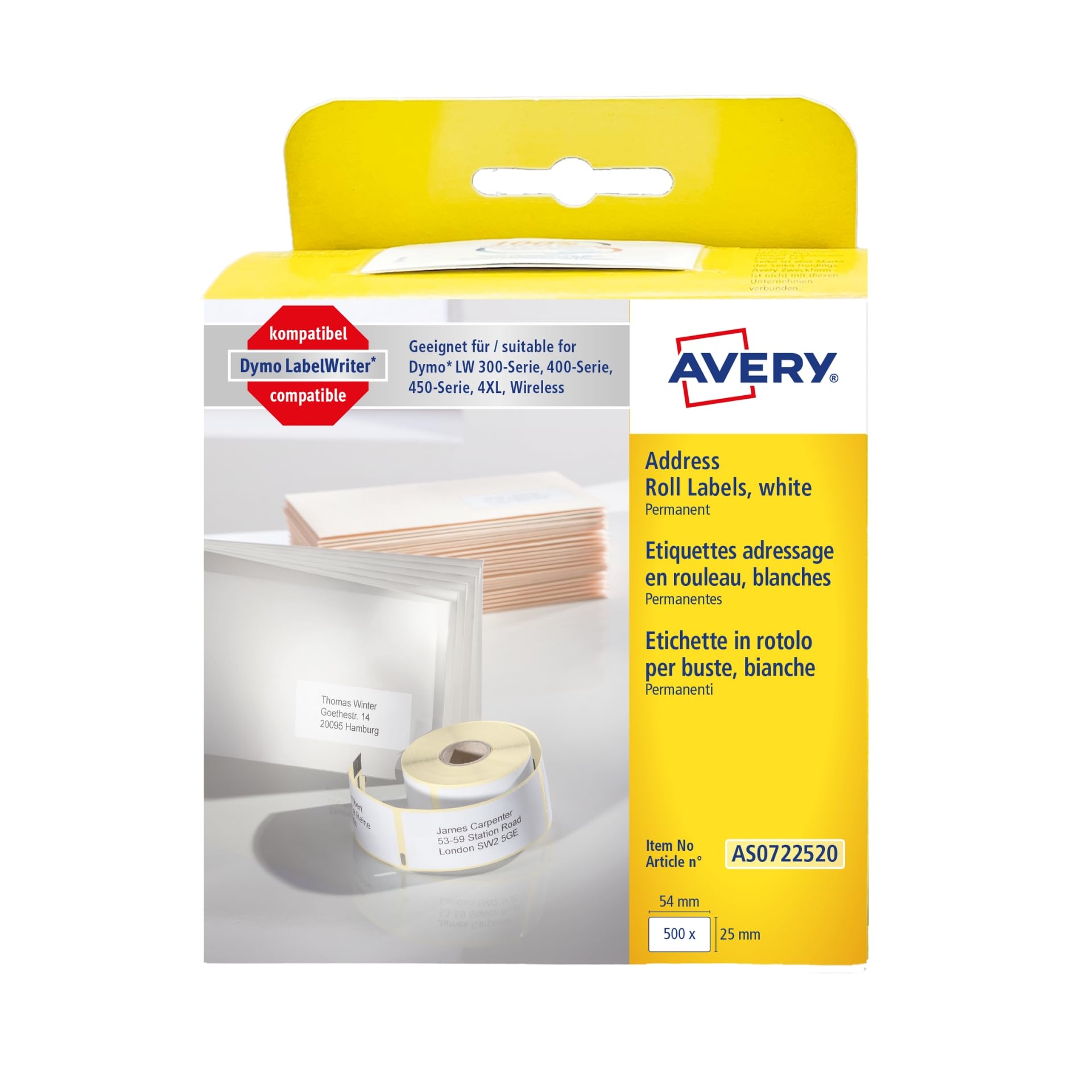 Avery Zweckform Dymo LabelWriter Compatible with 0722520 White 500 Items 54 x 25 mm White AS0722520