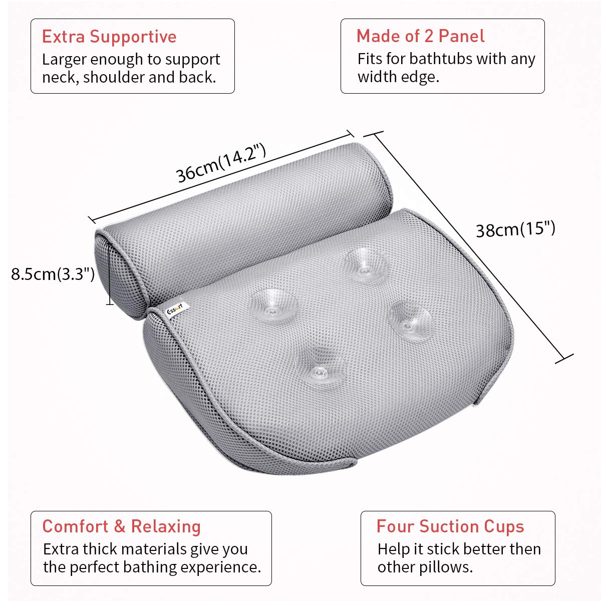 Essort Bathtub Pillow, Large Spa 3D Air Mesh Bath Pillow, Luxury Comfortable Soft Bath Cushion Headrest, for Head Neck Shoulder Support Backrest, Fits Any Size of Tubs, Jacuzzi (Gray) : Beauty