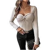 SOLY HUX Women's Twist Front Long Sleeve T Shirt Sweetheart Neck Knit Tee Fall Going Out Tops