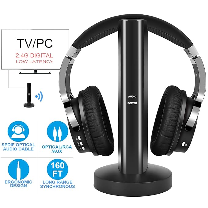 Drahtloser Over-Ear Fernseh kopfhörer für tv kabellos mit 2.4GHz Digital-Sender-Ladestation (z.B. für TV/HiFi/Smartphone/Tabl
