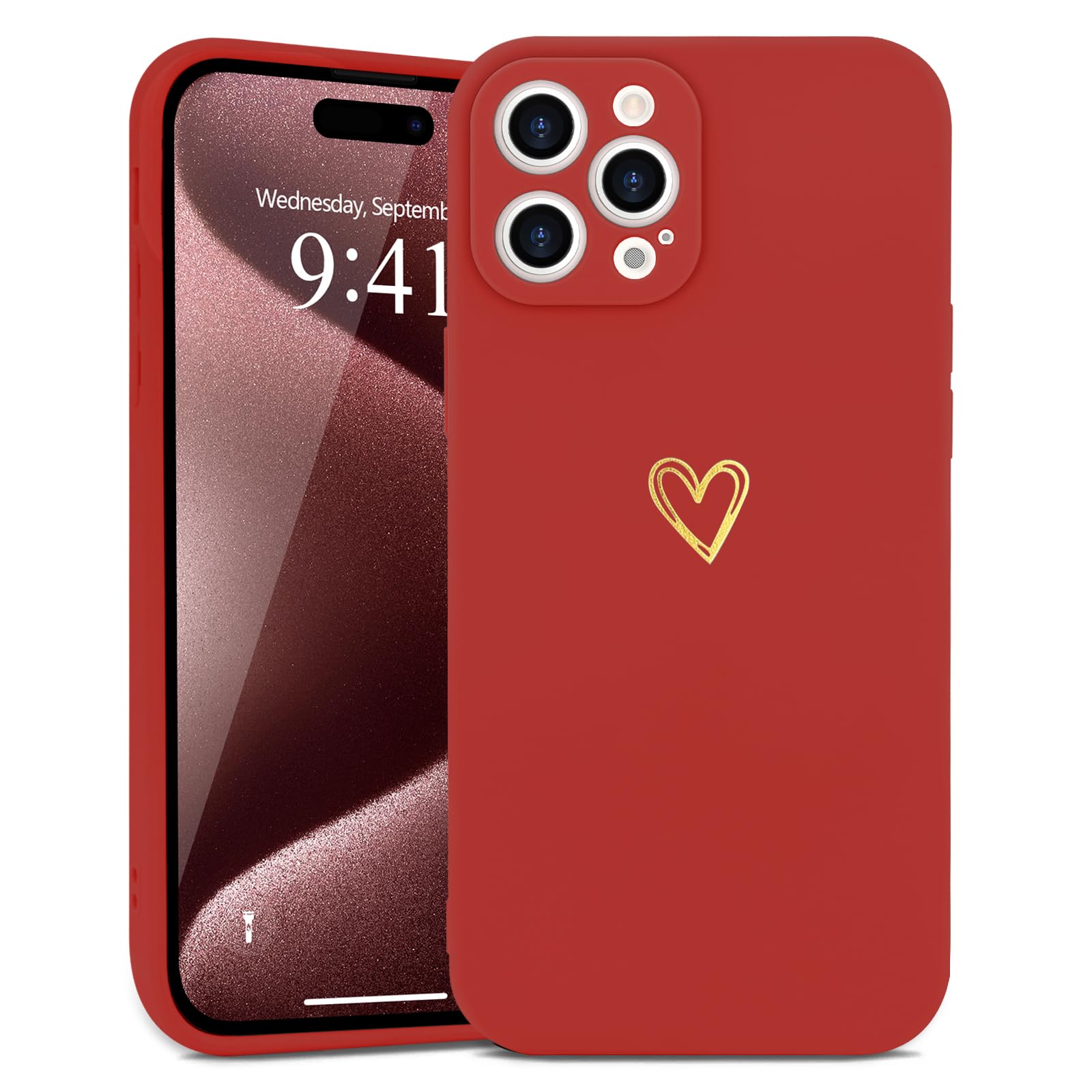 Wirvyuer for iPhone 15 Pro Max Case Cute Heart Pattern Soft Shockproof Protective Silicone Phone Case for Women Girls, Bright Red