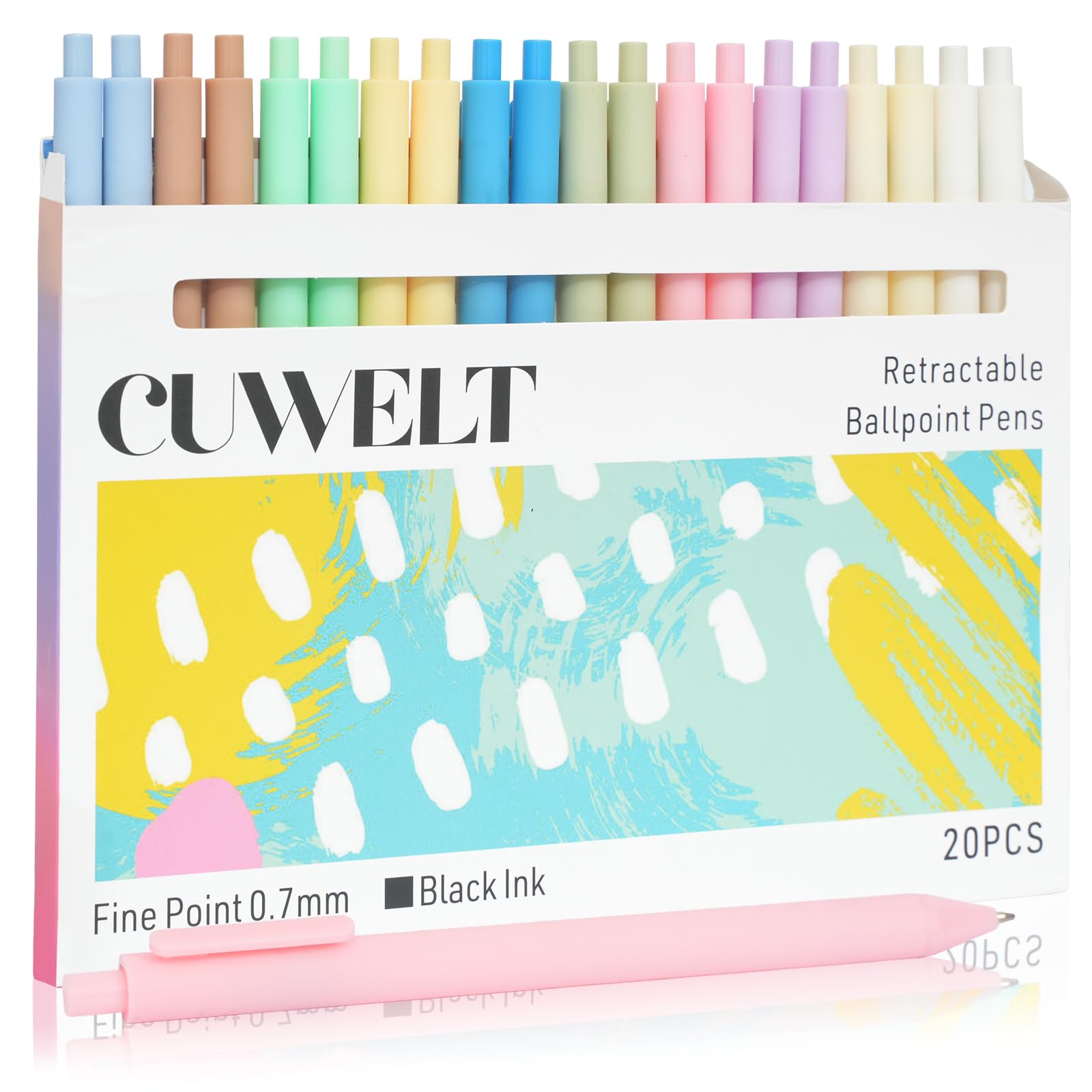 CUWELT 20PCS Ballpoint Pens Black Ink, Retractable Pastel Gel Ink Pens, 0.7mm Rollerball Pen, Cute Roller Ball Pens, Smooth Writing Pens Fine Point for Office Home Gift Supplies