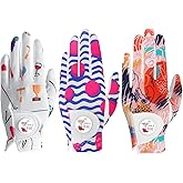 VEASAERS Golf Gloves Women Right Handed Golfer Left Hand with Ball Marker 3 Pack, Ladies Breathable Soft All Weather Grip Printed Pattern Colored Glove, Large, Blue Wave