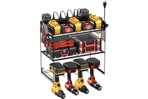 JUNNUJ Power Tool Organizer with 10 Outlet Power Strip, 3 Layer Wall Mount Drill Holder with Charging Station, 4 Drills Storage Shelf Shop Garage Utility Rack, Black