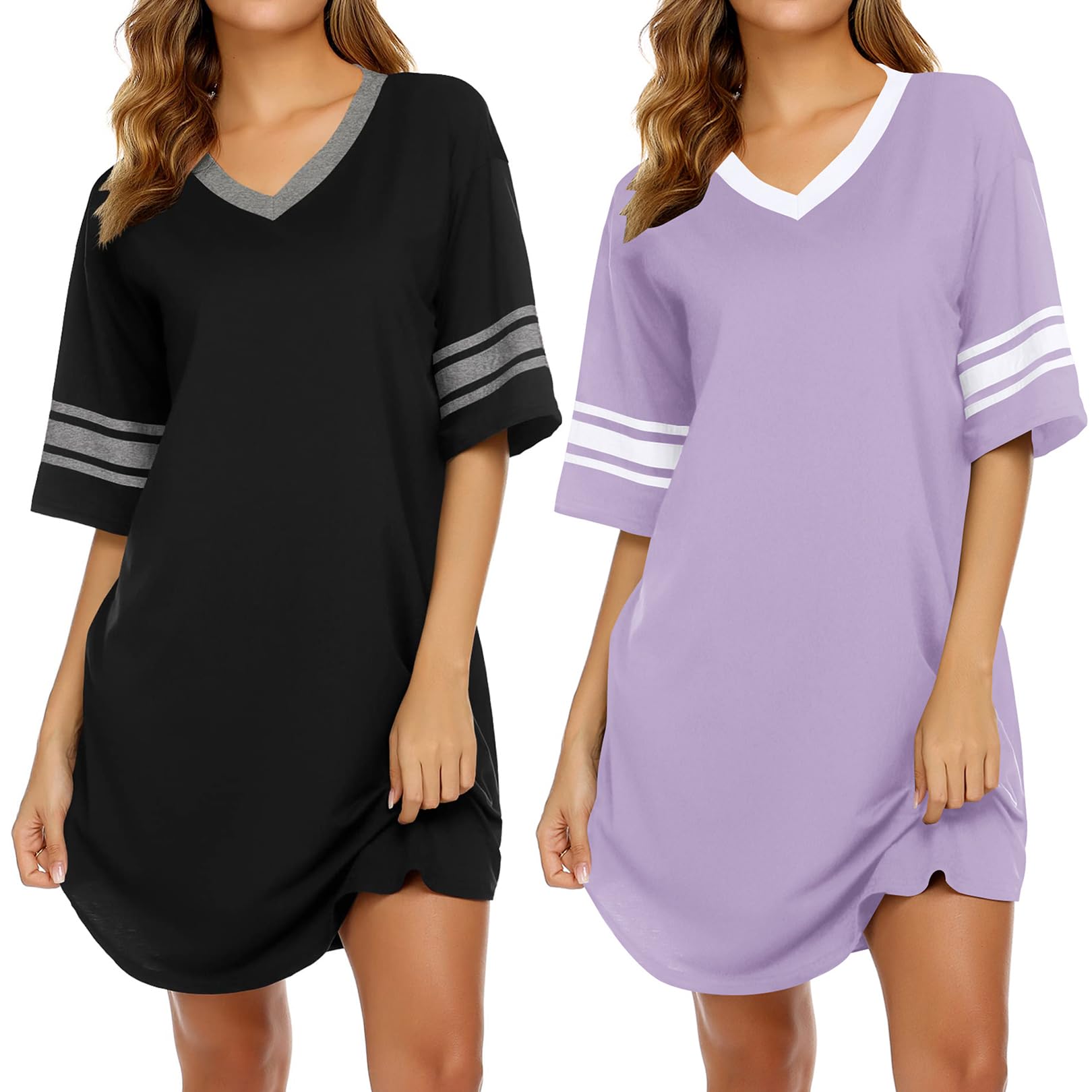 Photo 1 of Ekouaer Nightgowns for Women 2 Pack Sleepshirts Short Sleeve Nightshirt V Neck Sleepwear Casual Pajama Dress,Black/Lilac,XL
