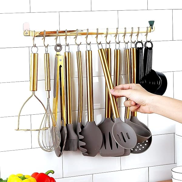 GOLD KITCHEN UTENSILS SET, KYRATON 38 PIECE SILICONE KITCHEN COOKING UTENSILS SET WITH UTENSIL RACK, SPOON SPATULA SET, NON-STICK KITCHEN GADGETS, DISHWASHER SAFE