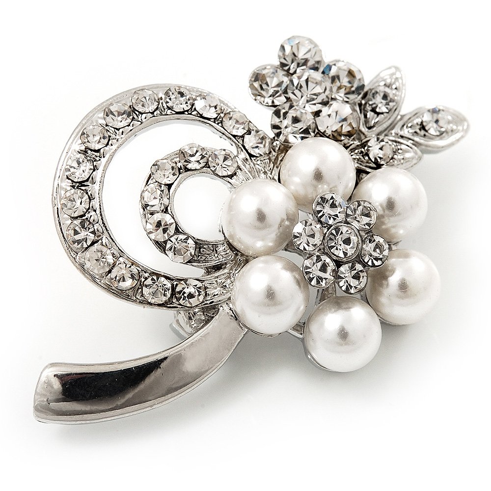 Fancy Simulated Pearl Diamante Flower Brooch (Silver Plated Metal)